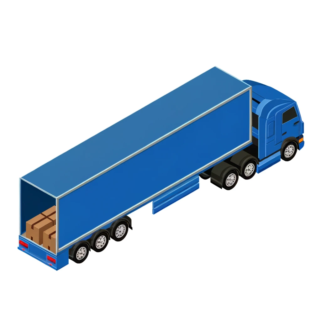 Isometric view of a blue semi-truck with cargo trailer loaded with boxes